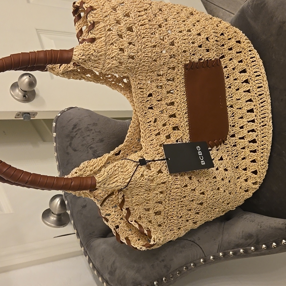 BCBG Generation Tan and Brown Raffia Tote Bag NEW - Picture 5 of 15